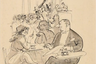 Rysunek satyryczny autorstwa Włodzimierza Bohewicza. Mężczyzna siedzący w kawiarni, flirtuje z dwoma kobietami ze stolika obok.