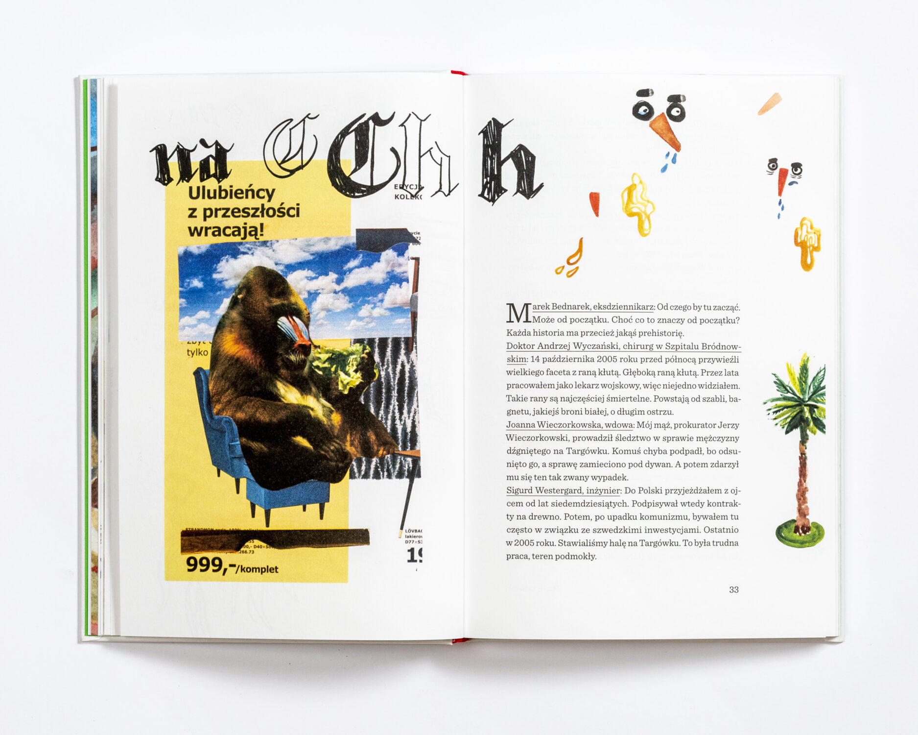 Środek książki, ilustracja i tekst, na ilustracji goryl i żółte elementy 