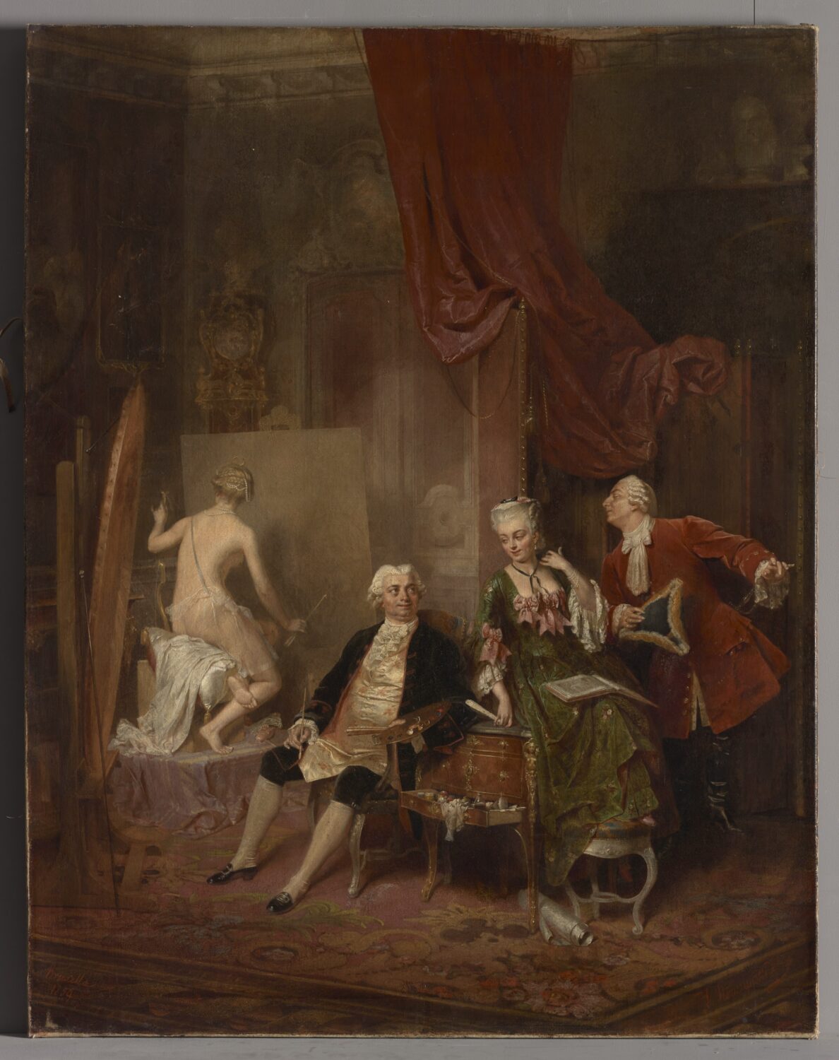 Obraz scena rodzajowa z XIX wieku. Dwóch mężczyzn i dwie kobiety w pomieszczeniu.