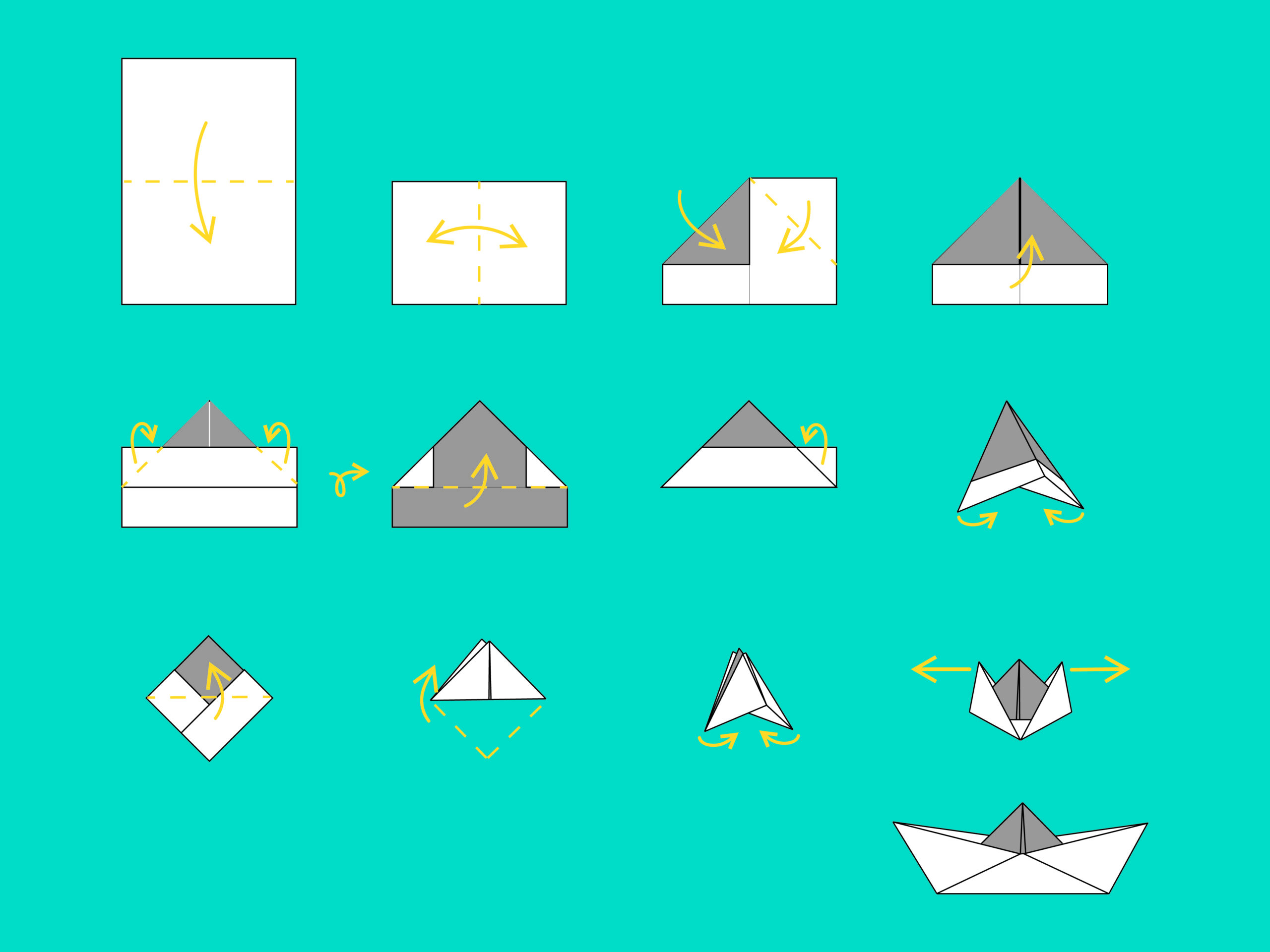 Instrukcja graficzna wykonania łódki z papieru.