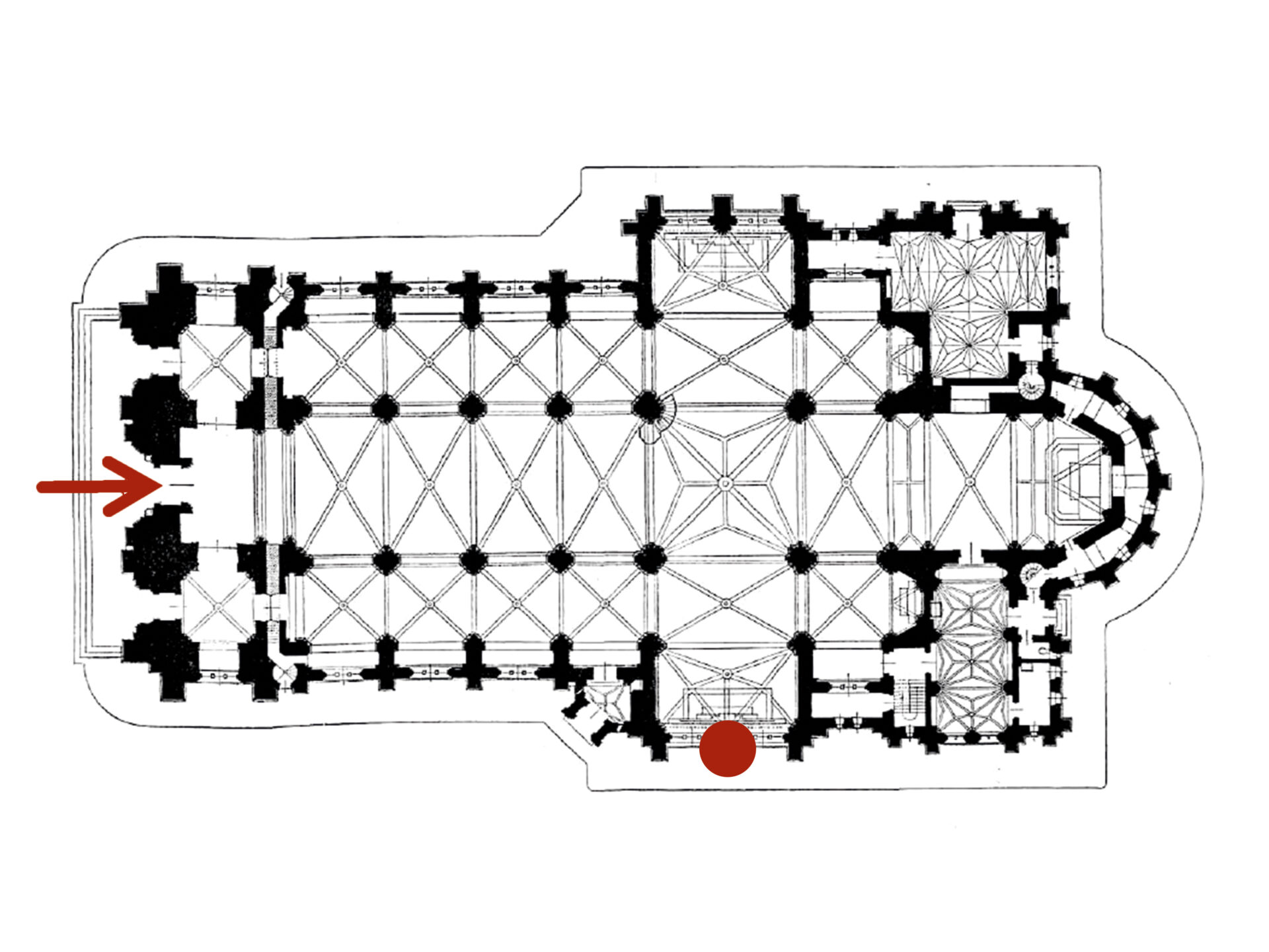 Plan architektoniczny kościoła. Na prawym skrzydle transeptu czerwona kropka na zewnętrznej stronie fasady.