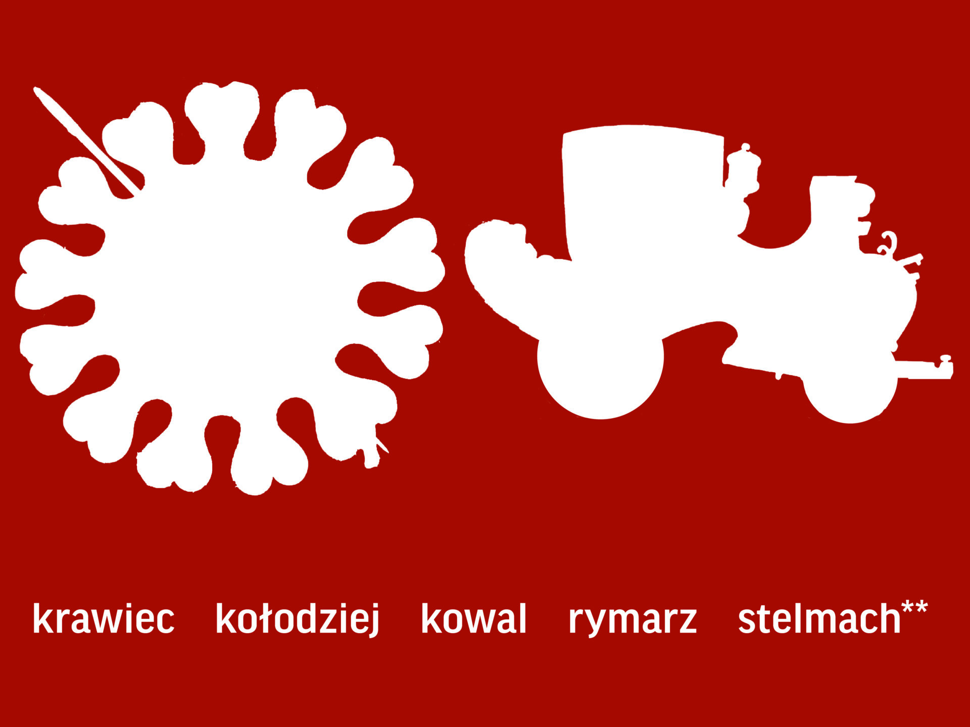 Dwie białe sylwety o nieregularnych kształtach na czerwonym tle. Poniżej napis: krawiec, kołodziej, kowal, rymarz, stelmach
