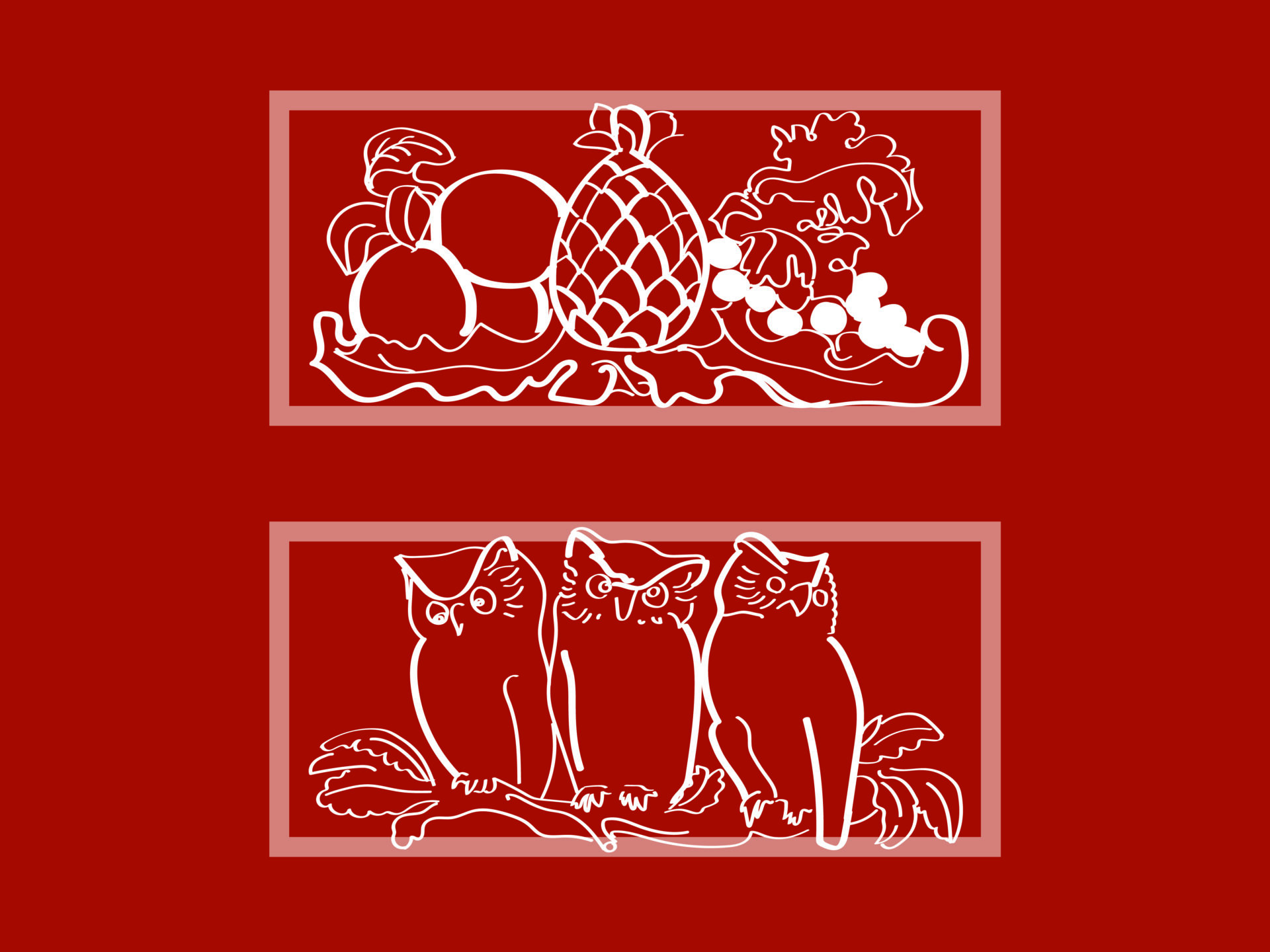Na czerwonym tle dwa białe rysunki ujęte w prostokątne ramki, jeden pod drugim. Na pierwszym owoce rozłożone na fantazyjnie wywiniętym liściu, na drugim trzy sowy siedzące na gałęzi.