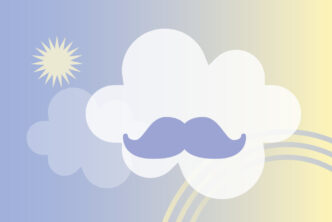 grafika w pastelowych kolorach, dwie chmurki, słońce, tęcza, sumiaste wąsy