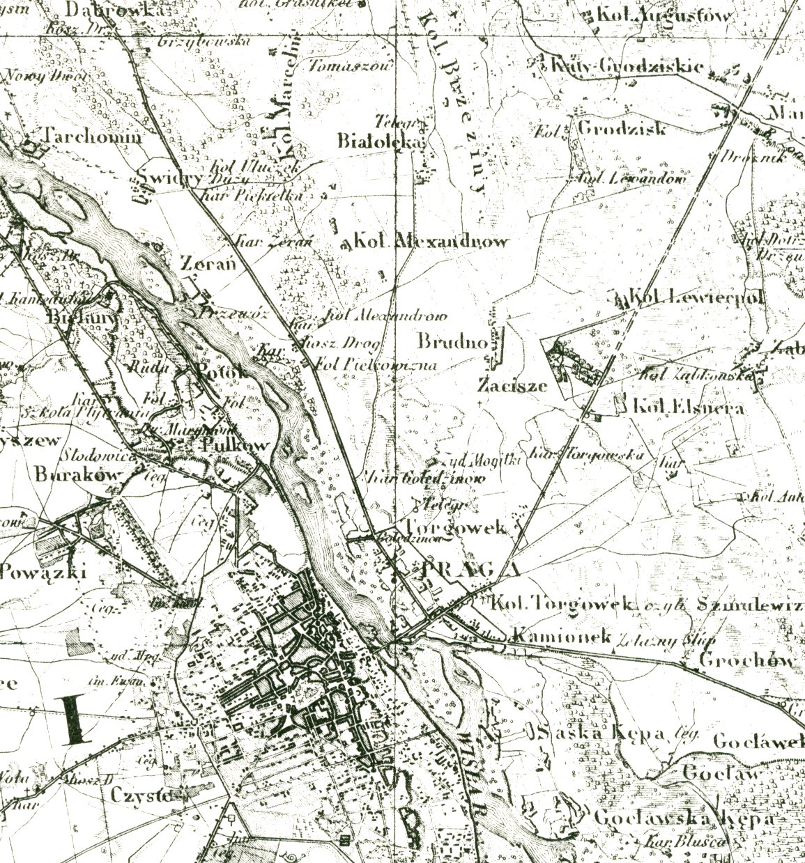 Czarno-biała mapa z XIX wieku. Po obu stronach Wisły – nazwy dawnych wsi, kolonii i folwarków w obrębie dzisiejszej Warszawy.