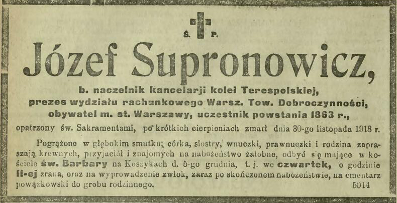 Pożółkły nekrolog Józefa Supronowicza z gazety z 1918 roku.