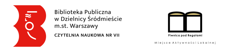 Logo Biblioteki Publicznej w Dzielniczy Śródmieście m.st. Warszawy, czytelnia naukowa nr 8 i logo Piwnicy pod Regałami - Miejsca Aktywności Lokalnej.